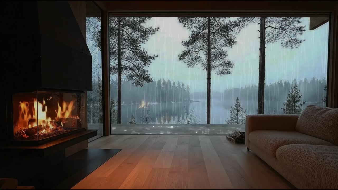 Cozy Lakeside Retreat: Rain Sounds for Deep Sleep & Fireplace Crackles for Relaxation 🔥🌲💧