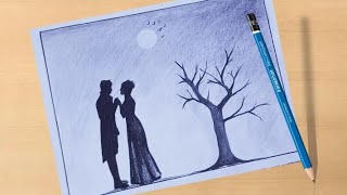 Romantic couple drawing under a tree / pencildrawing of cute couple in love