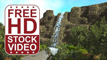 Free Stock Videos – big waterfall with river trees and particles day time 3D animation