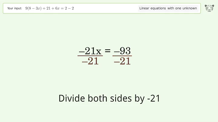 Solve 9(8-3x)+21+6x=2-2: Linear Equation Video Solution | Tiger Algebra