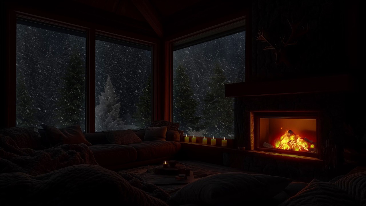 Relaxing Winter Cabin with Falling Snow and Fireplace Sounds for Deep Sleep, Focus and Cozy Nights