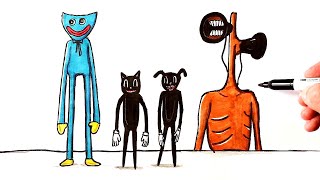How to draw Scary | Huggy Wuggy, Siren Head, Cartoon Cat, Cartoon Dog