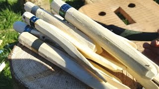 Showing you how to make traditional wooden pegs using very basic tools. My website is http://www.bucklehurstleather.co.uk.