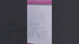 #Cute Girl riding a bicycle pencil sketch