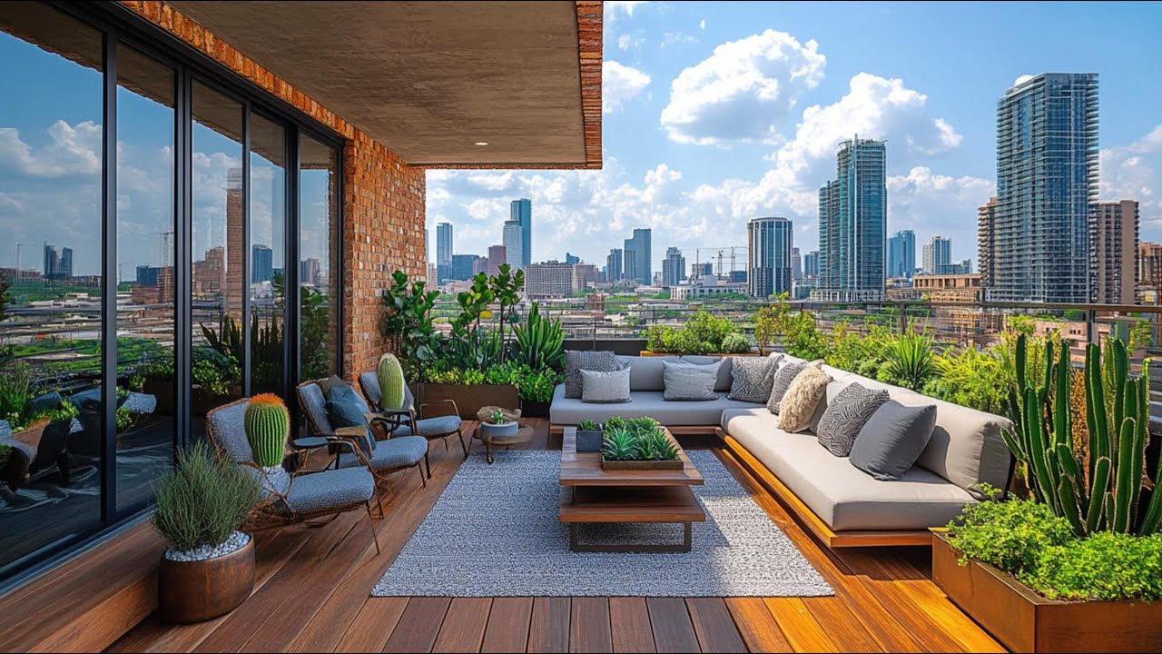 Modern Rooftop Terrace with City Skyline Views | Stylish Outdoor Lounge & Greenery Design