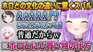 ホロライブとにじさんじ文化の違い「買い物の仕方」に驚くスバル【椎名唯華 猫又おかゆ 大空スバル にじさんじ ホロライブ】