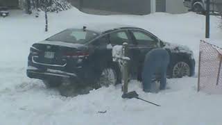 Car Stuck in Snow - man gets mad & flips me off makes pathetic attempt to dig out ultimately fails