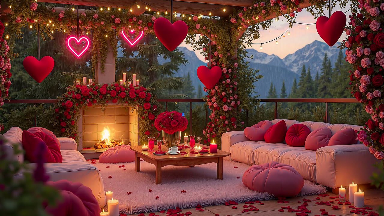 Enchanted Valentine’s Day Cozy Porch 💕🎶 Soft Jazz & Rain Ambience for Relaxation
