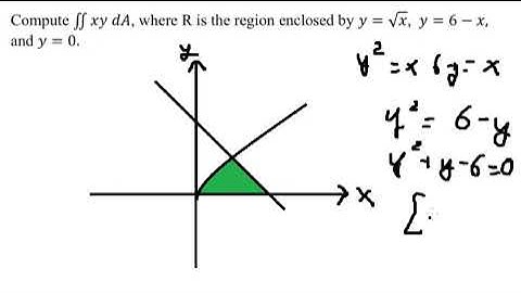 Calculus Help: Double Integrals: Compute ∫∫ xy dA, where R is the region enclosed by y=√x,y=6-x, y=0