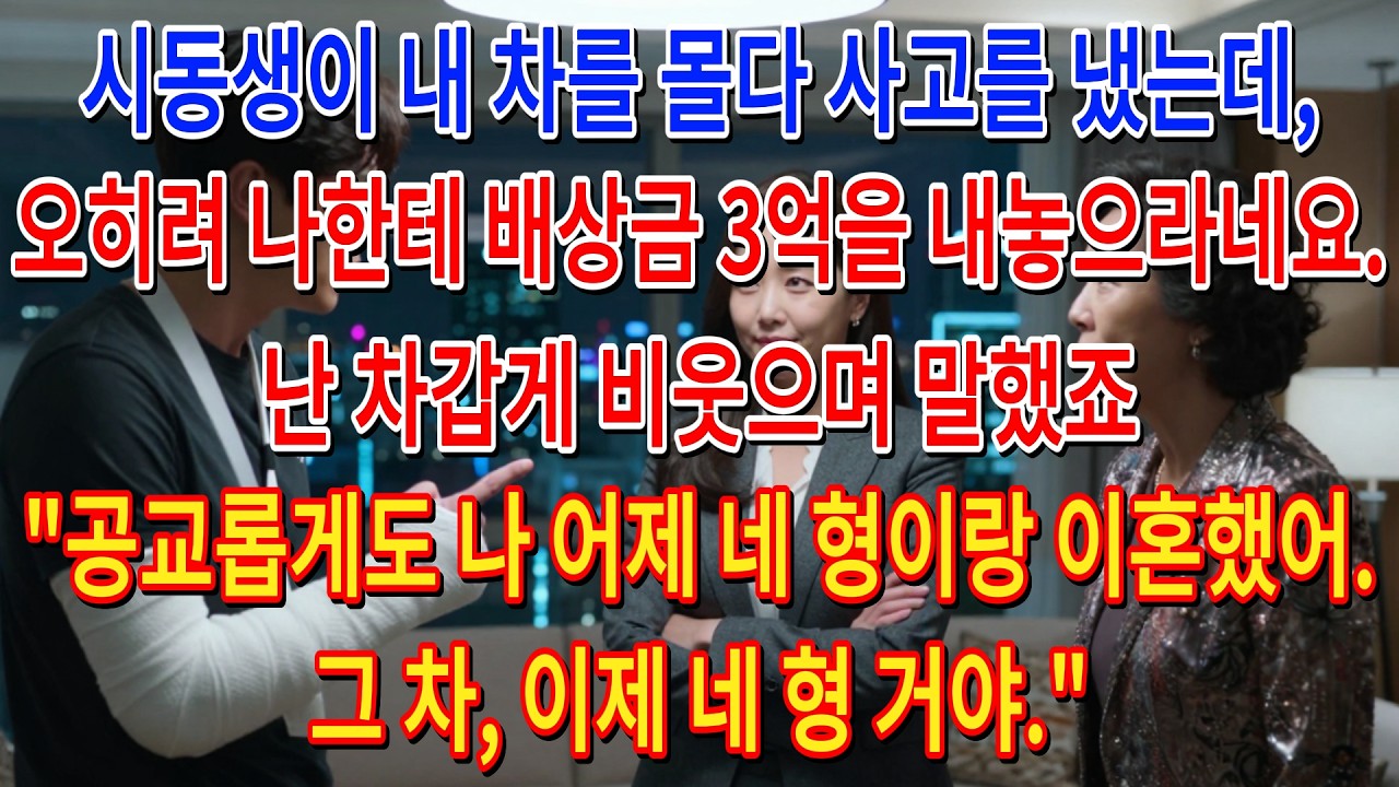 시동생이 내 차를 몰다 사고를 냈는데, 오히려 나한테 배상금 3억을 내놓으라네요. 난 차갑게 비웃으며 말했죠 
