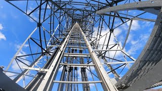 Climbing radio tower, escape from worker