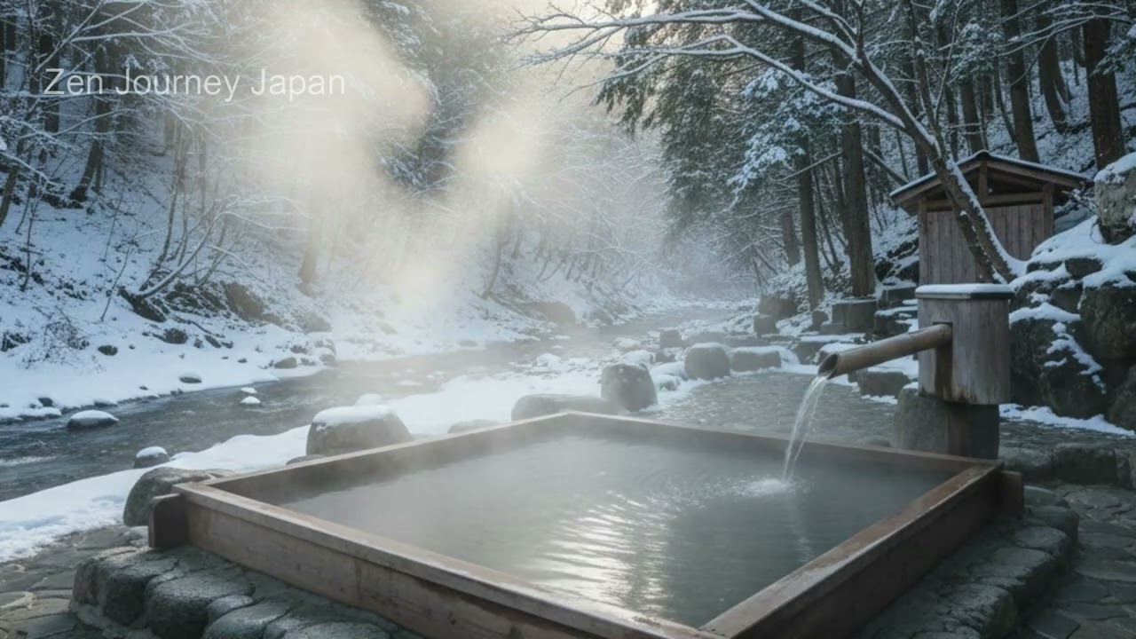 Japanese Snow Onsen - 15 Mins Healing Water Sounds & Zen Music / 秘湯の雪見風呂