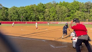 Midlothian softball catcher Bella Moussa doubles against Mills Godwin