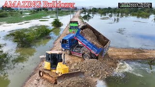 Amazing Bulldozer KOMATSU DR 51PX Working, Dump Truck 5 Ton Unloading Soil & Stone Into Water