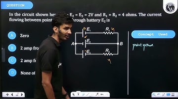 In the circuit shown here, E1=E2=E3=2 V and R1=R2=4ohms. The current flowing between p....