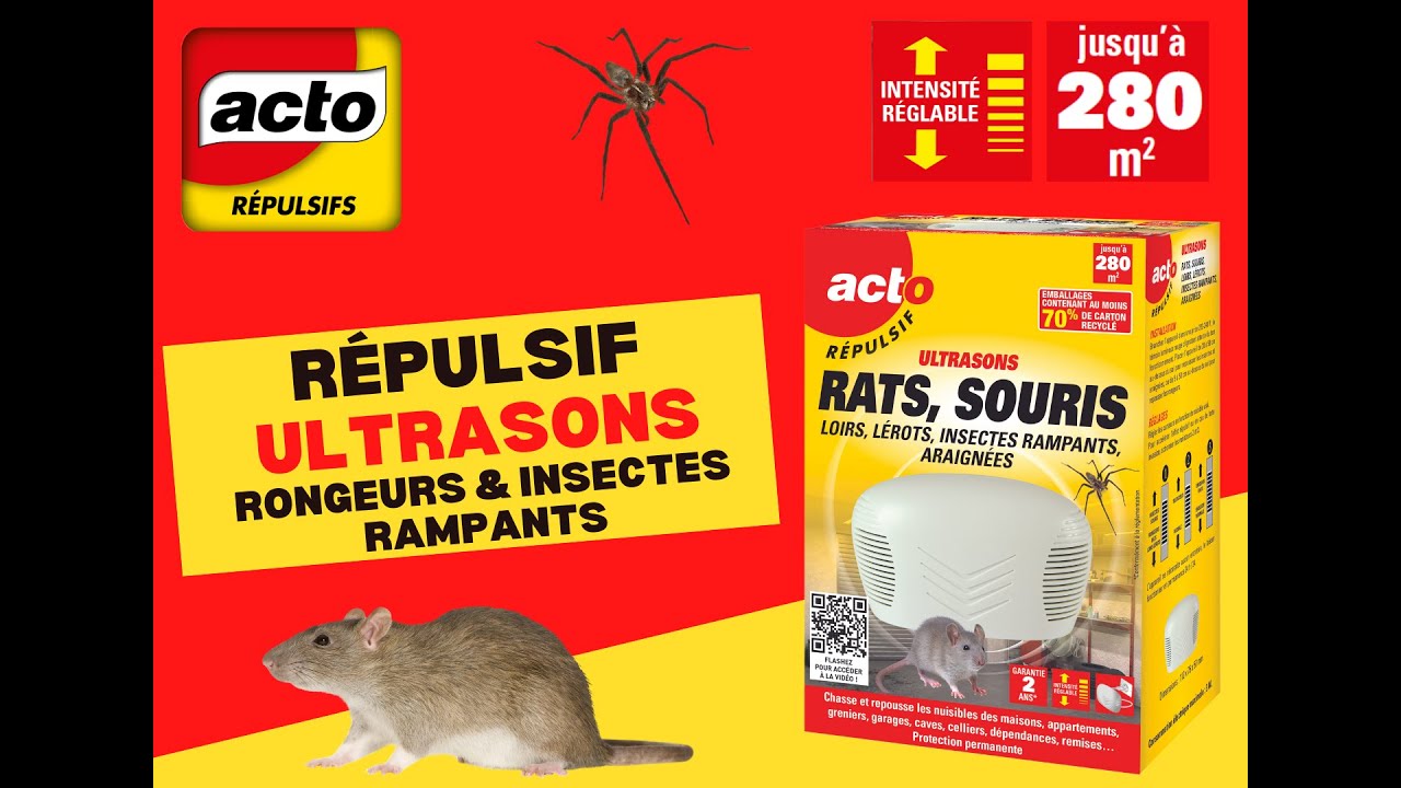 Répulsif ultrasons rats, souris, loirs, lérots et araignées, protége  jusqu'à 280 m²