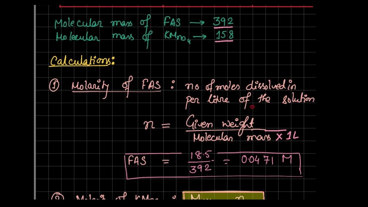 REDOX TITRATION CALCULATION MOLARITY AND PERCENTAGE PURITY KMNO4VS