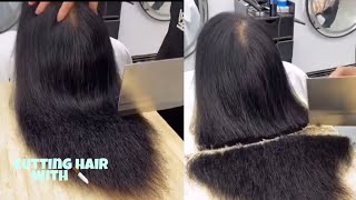 Cutting Hair With Kitchen Knife (Super Skill) hairstyling tutorial