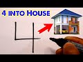 How to draw two storey house from number 4  how to turn number into a house drawing  step by step