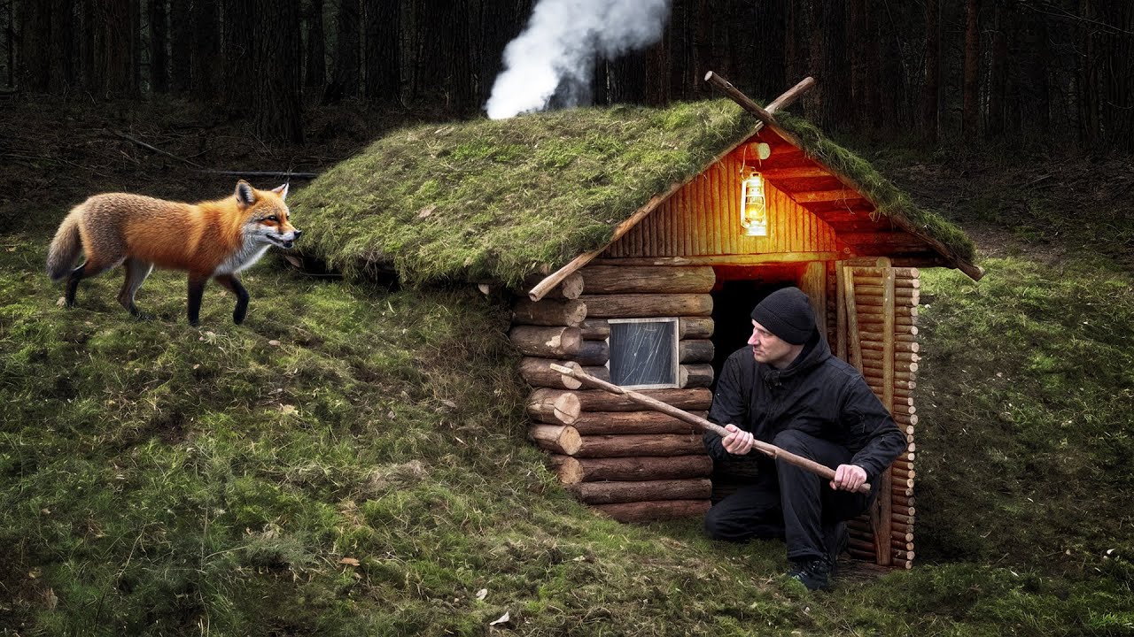 Building a Cozy and Warm Survival Shelter | Bushcraft Log Cabin ...