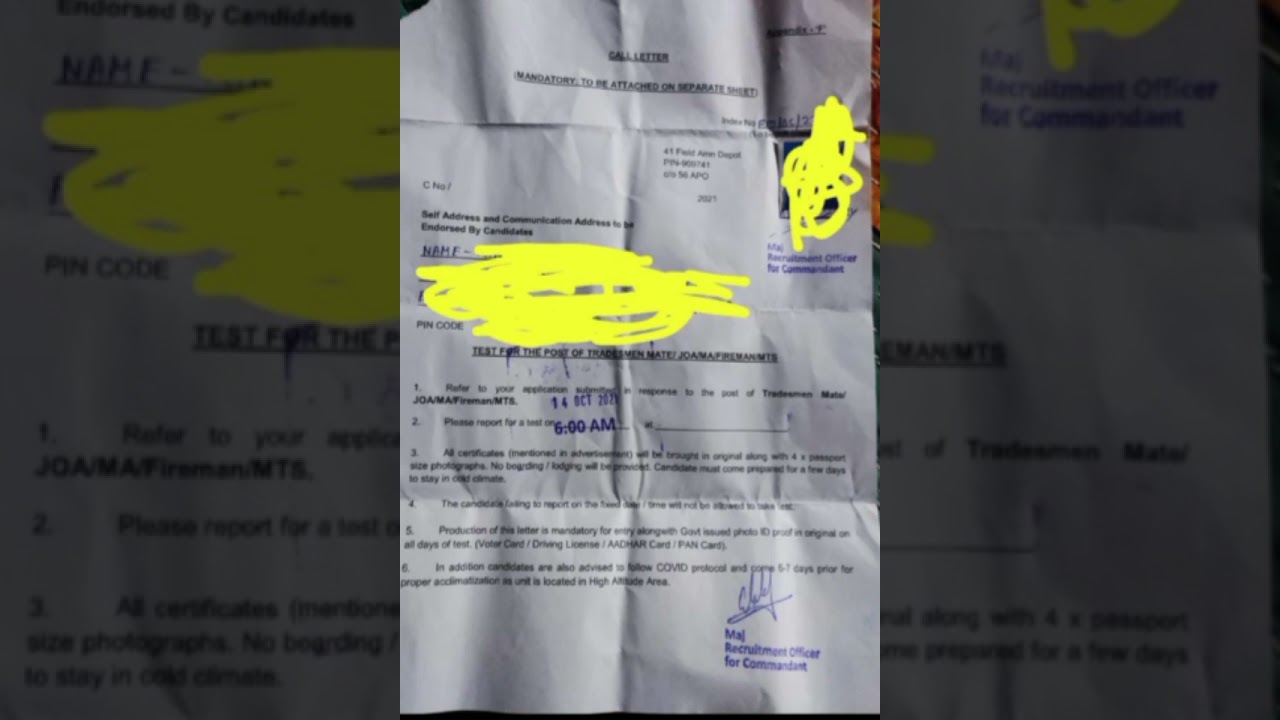 Fireman Exam Date 14 oct | 41 FAD ADMIT CARD