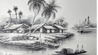 Village scenery pencil drawing | How to draw scenery | Natural drawing