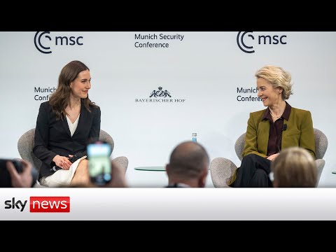 Ursula von der Leyen and Finnish PM Sanna Marin speak at Munich Security Conference