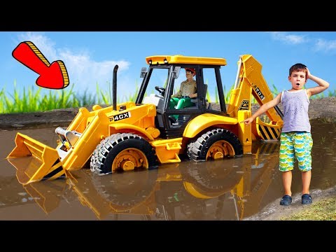 Excavator Loader JCB Bruder Stuck In The Dirt And Broke Video About Cars Toys 2 Boys 