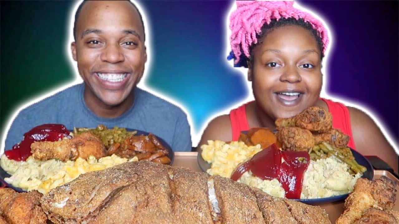 SOUL FOOD SUNDAY MUKBANG!!! FRIED CHICKEN + FRIED FISH + DRESSING + CANDIED YAMS + MAC N CHEESE
