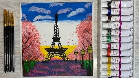 Cherry blossom Trees and Eiffel Tower Painting / Step by Step Tutorial for Beginners