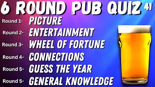 Virtual Pub Quiz 6 Rounds Picture, Entertainment, Missing Words, Music and General Knowledge No.41