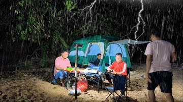 Heavy rain camping fishing, crowded on the riverbank, relaxing rain sound