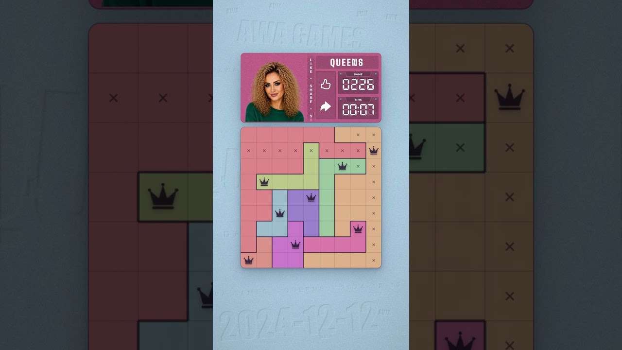 LinkedIn Queens #226 solved board for December 12, 2024, 9x9 grid