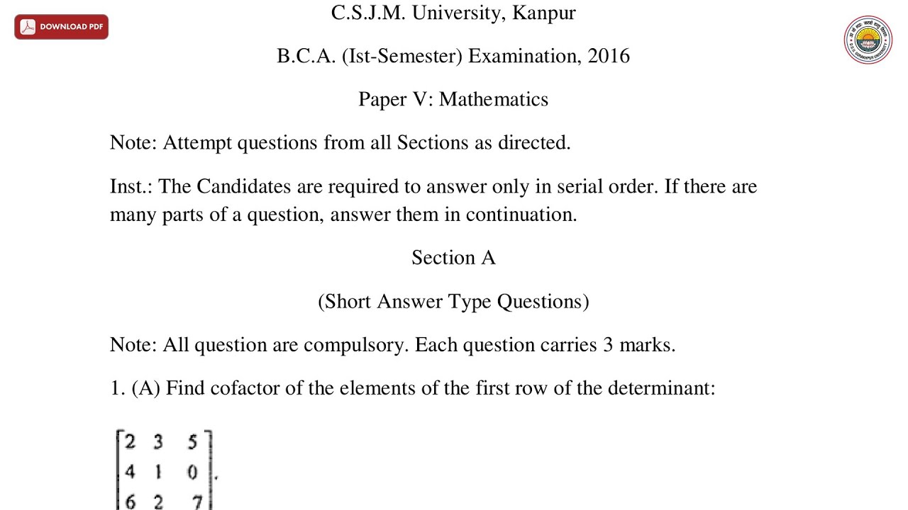 BCA 1ST SEM MATHEMATICS 2016 | DDUGU - YouTube