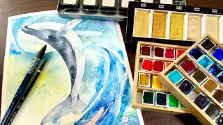 【ふたり。くじら島にて】シーグラスアート　イラスト　水彩画　原画 注文制作します 水彩画原画 湘南の海・鎌倉高校前踏切と日坂