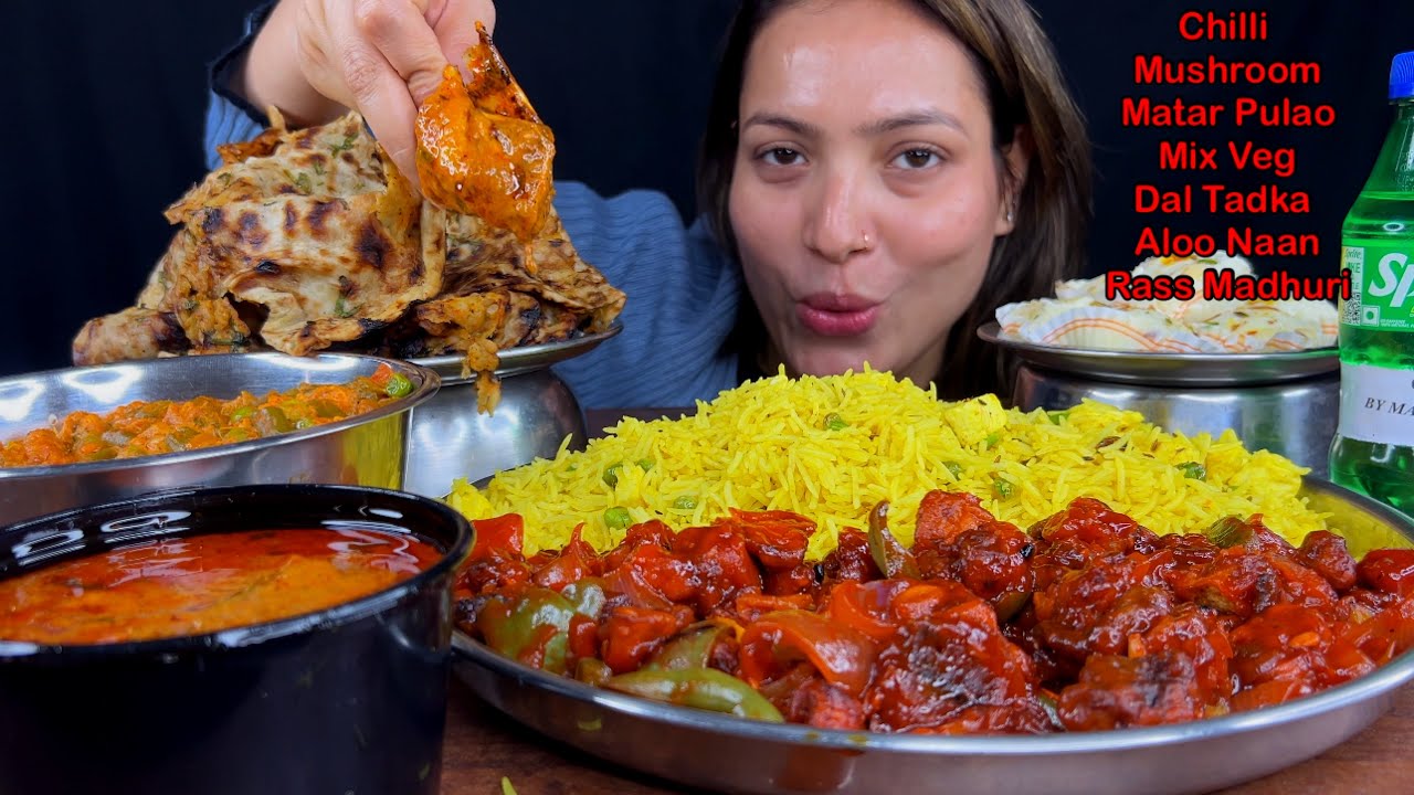 Eating Spicy🔥 Matar Pulao, Chilli Mushroom, Dal Tadka, Mix Veg, Aloo Naa, Rass Madhuri | Food Show