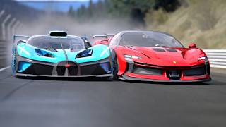 Bugatti Bolide vs Ferocius Hypercars Ferrari, Koenigsegg, Lamborghini on a Wet Nordschleife