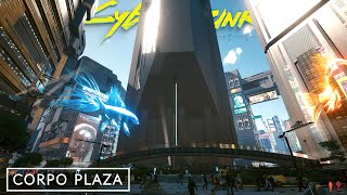 Cyberpunk 2077 - Walking around CORPO PLAZA, Night City I Binaural Sound