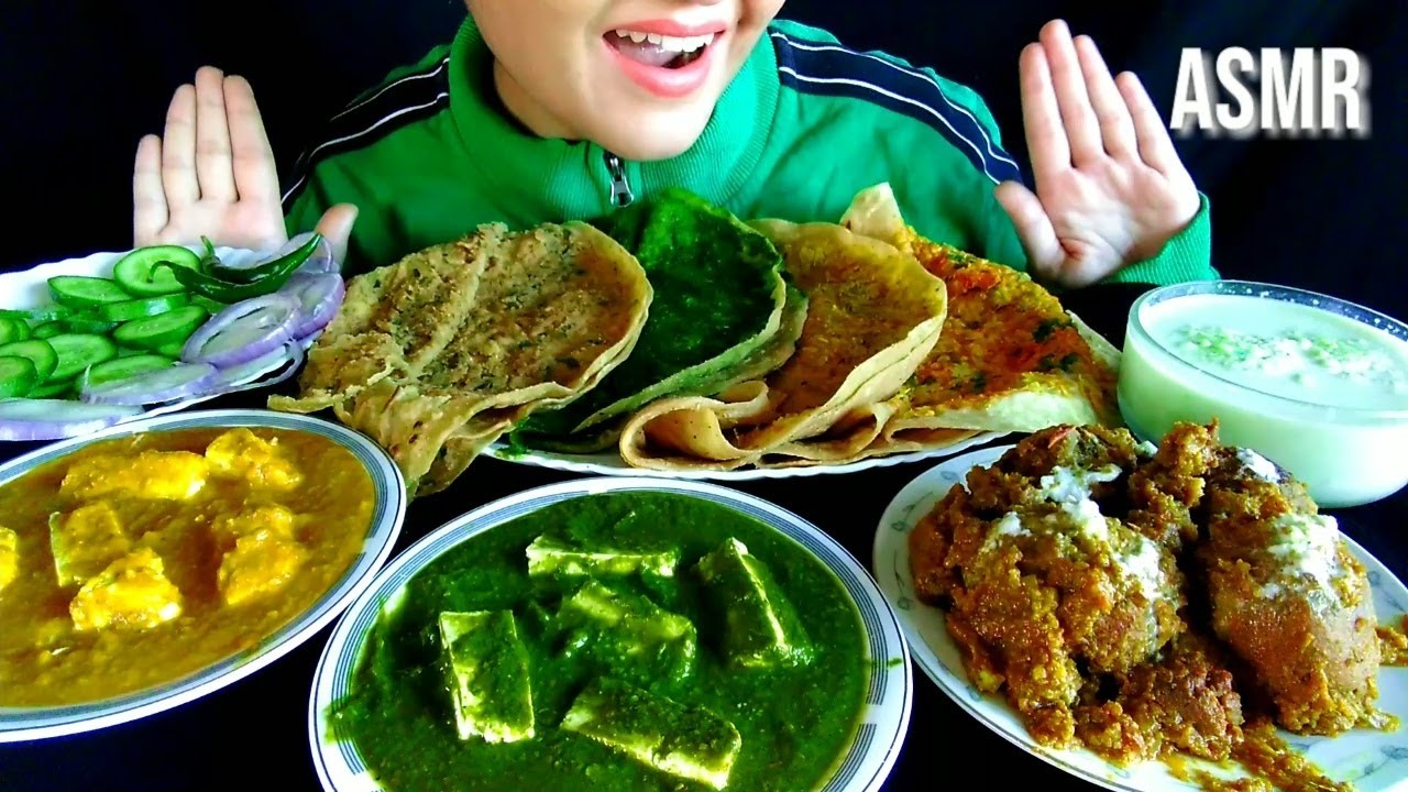 ASMR:Eating Paneer Masala+Palak Paneer+Malai Kofta+Aloo Paratha+Gobi Paratha+Indian Sweet Rasmalai