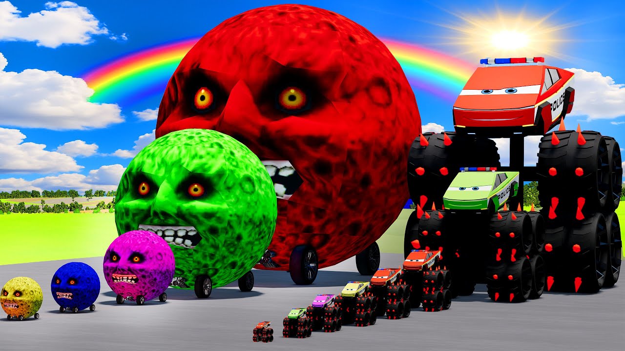 Big & Small Moon Colorful Cars vs Police McQueen Spiked Thorn Wheels vs Thomas Trains | BeamNG.Drive