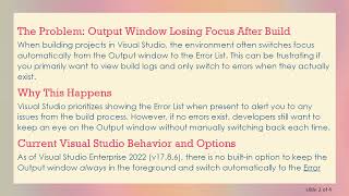 Details How to Keep the Visual Studio Output Window in the Foreground During Builds Update