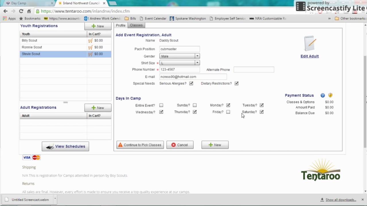 INWC Day Camp Detailed Registration Tutorial for Tentaroo