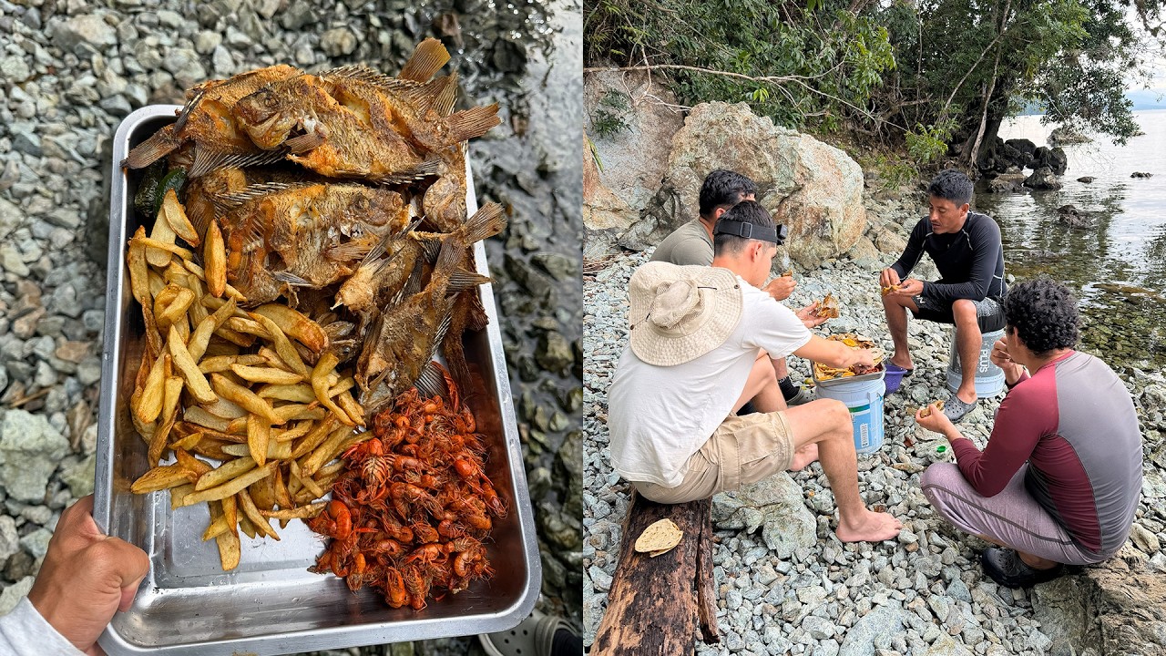 Pesca y cocina enormes mojarras con arpón y atrapando camarones de charcas