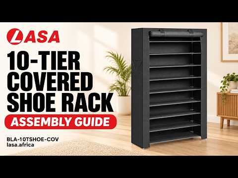 Black 10-Tier Shoe Rack with Dustproof Fabric Cover – Assembly