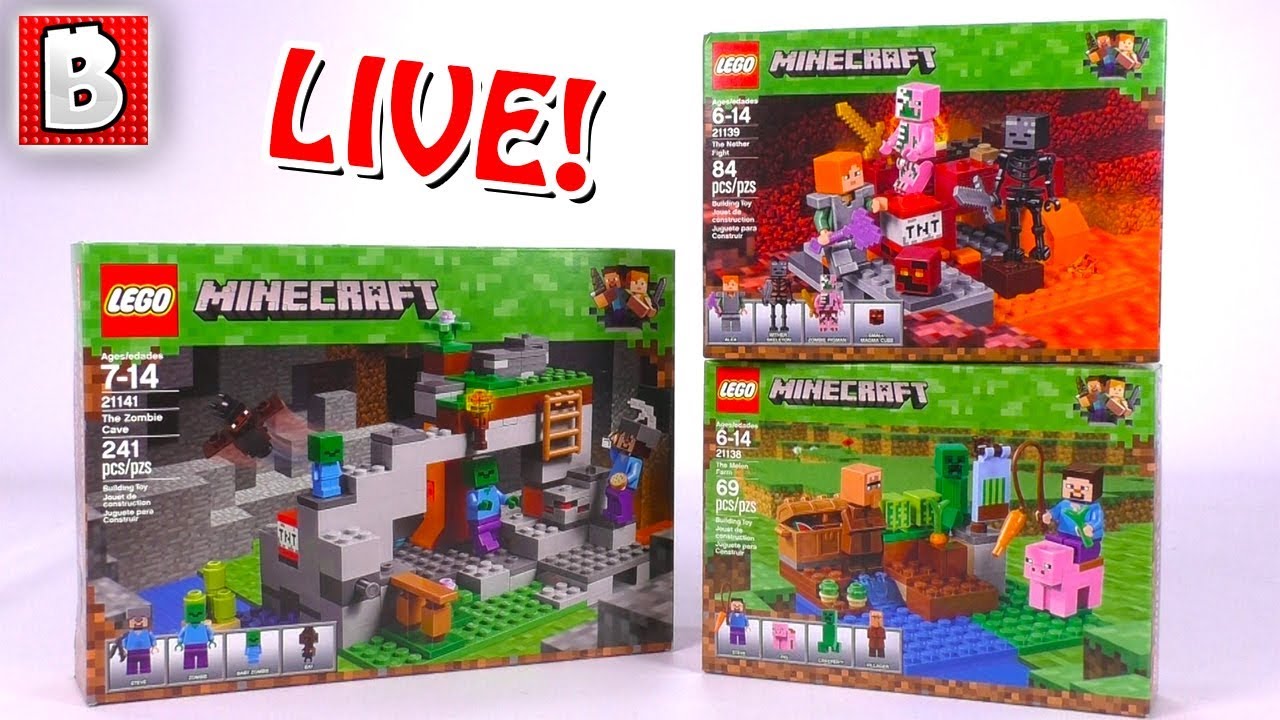 LIVE: THREE LEGO Minecraft 2018 sets! 21141 Zombie Cave, 21138 Melon Farm, 21139 Nether Fight!