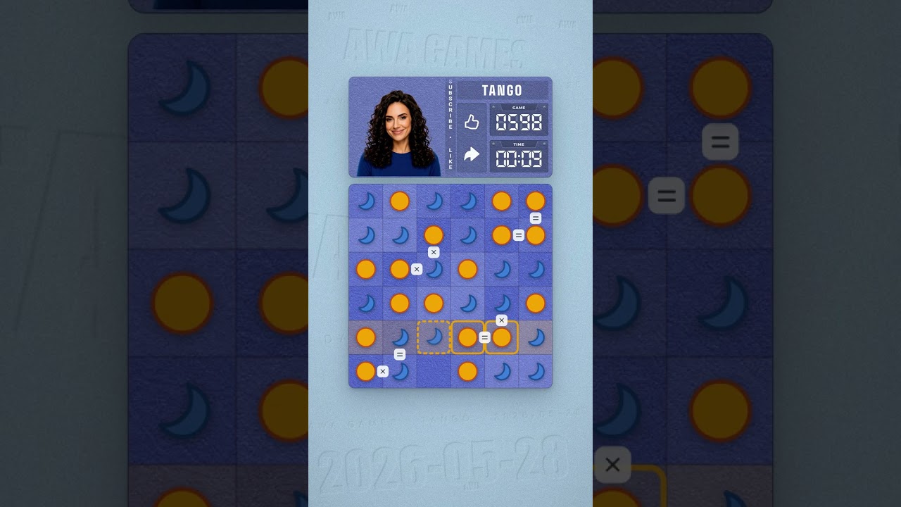 LinkedIn Tango #598 solved board for May 28, 2026, 6x6 grid