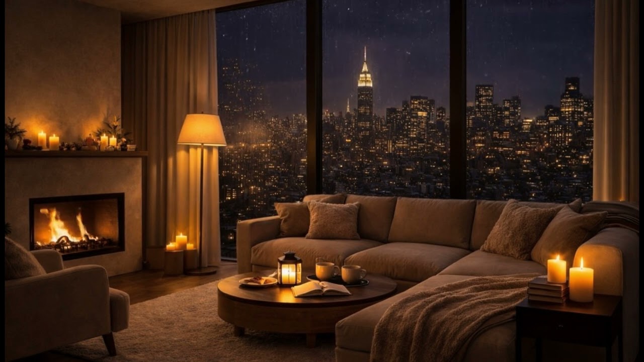 Cozy Jazz Night ☕ Rain & Fireplace Ambience | Warm Interior, Relaxing Background Music