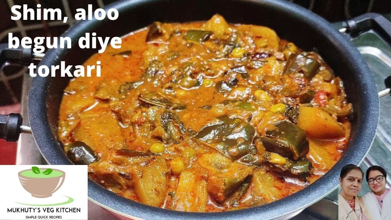 Shim, aloo, begun diye torkari Flat green beans, potato, eggplant