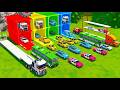COLORFUL LONG TRUCKS TRANSPORT EXCAVATOR | BLUE RED YELLOW GREEN TRUCKS FS22