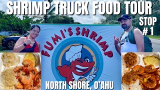 Eating GARLIC SHRIMP in OAHU,HAWAII Stop # 1 - Fumi's Kahuku Shrimp